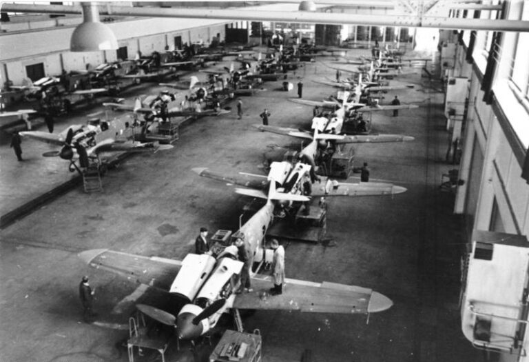 Assembly of Bf 109G-6s in a German aircraft factory.