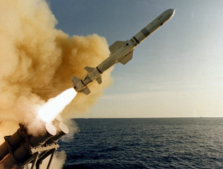 RGM-84 Harpoon firing from USS Leahy in 1983.