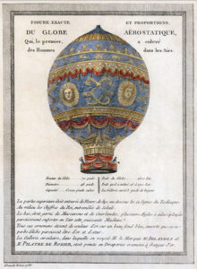 A 1786 depiction of the Montgolfier brothers' historic balloon with engineering data.