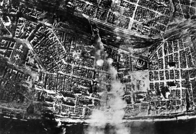 Smoke over the city center after aerial bombing by the German Luftwaffe on the central station.